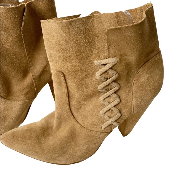 Zara Woman Suede Leather Lace Up Pointy Toe Heeled Booties Tan Cognac Size 39/9 - Picture 10 of 16
